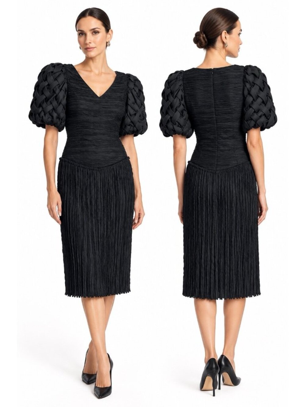 vintage MARY MCFADDEN BLACK marii pleated dress 2 woven puff sleeve avant garde